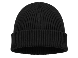 Side Angle of Black Knitted Beanie Hat, Ribbed Texture, Minimalist Mockup PNG