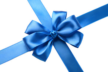 Blue Satin Ribbon Bow on White Background