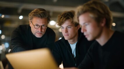 Team gathered around glowing screens as director encourages new ideas — symbolizing visionary leadership, innovation culture, and emotionally intelligent management in creative agency environments.