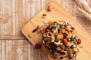 Dehydrated Grains,Nut and Dry Fruit,almond,cashew,raisin,sultana,sunflower,cranberry,strawberry.healthy snack.Top view.