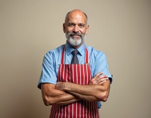Bald man in 40s with grey beard wears blue shirt, striped apron, tie. Confident butcher poses with arms crossed against light studio background. Professional at work in food service.
