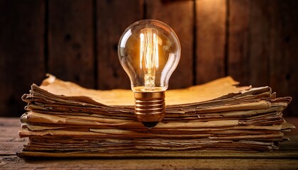 a warm focused light bulb illuminates a stack of aged yellowed papers on a weathered wooden table the bulb