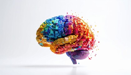Abstract Digital Brain Composed of Colorful Cubes and Pixels on White Background