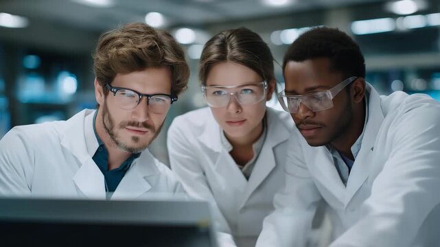 Team of scientists collaborating in an AR-enabled lab while analyzing chemical properties on digital displays, symbolizing cutting-edge research, immersive technology in labs, and high-tech