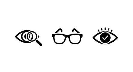 Obraz premium Vision elements: magnifying glass, eyeglasses, and eye with checkmark icons
