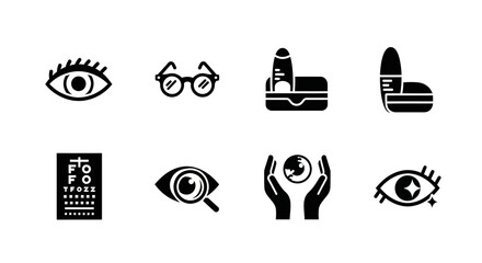 Minimalist eye and vision icons set: flat style lens, glasses, and eye chart designs