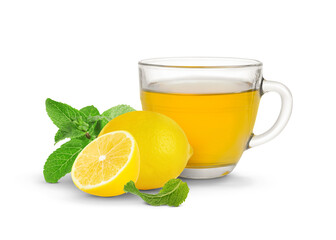 Hot lemon beverage in glass cup and fresh citrus fruit isolated on white. Immunity boosting drink for cold season