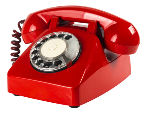 Angled Side Perspective of Retro Red Rotary Dial Phone, Isolated on Transparent Background (2)