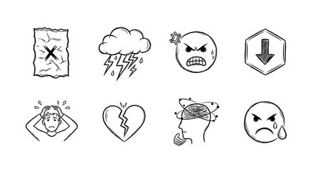Hand-drawn emotional icon set featuring stress, anger, and sadness symbols
