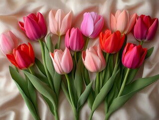 Obraz premium Vibrant Springtime Tulip Medley: A stunning top-down view of fresh pink, red, and cream tulips artfully arranged on luxurious, soft champagne silk, celebrating elegance and natural beauty.