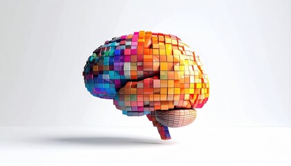 Abstract 3d Brain Made of Colorful Cubes on a White Background