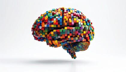 Abstract Brain Sculpture Composed of Colorful Cubes and Textured Detail
