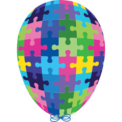 Colorful Jigsaw Puzzle Balloon with Blue String and Bow on a Transparent Background Celebrating Inclusion and Awareness