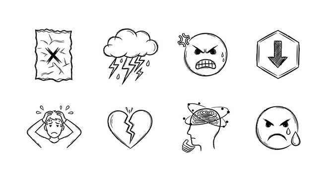 Hand-drawn icon set: emotions, stress, and mental health symbols