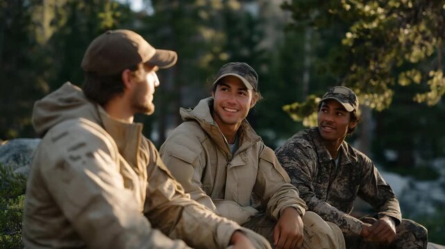Veterans resting and laughing together during hiking trip, sunlight filtering through trees &mdash; representing friendship, shared experiences, emotional resilience, and post-military brotherhood in