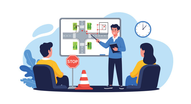 Driving instructor explaining road rules and intersection navigation to students in a classroom setting, focusing on safety and traffic signs.