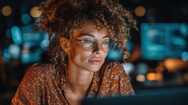 Confident woman analyzes Stock Market data on a computer screen at night with city lights, wearing glasses - Powered by Adobe