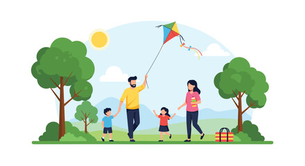 Fototapeta premium A happy family enjoys a sunny day at the park, flying a colorful kite together and creating lasting memories in a vibrant outdoor setting.