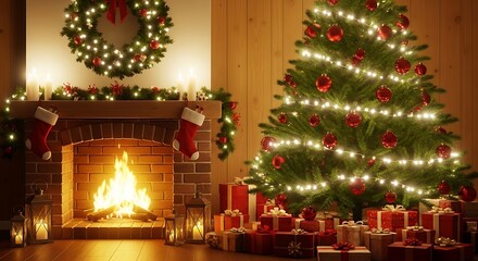 Eco-Friendly Sustainable Cityscape with Solar Powered Modern House and Green Energy/christmas tree with candles and decorations
