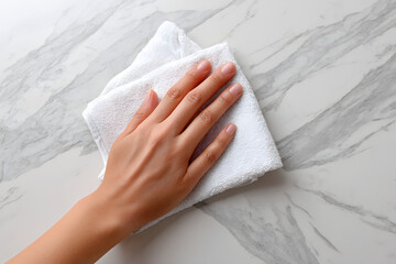 Top Down View Womans Hand Wiping a White Marble Surface with a Soft Terry Cloth Towel Demonstrating Premium Cleaning and High End Home Maintenance