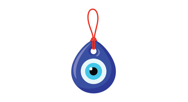 A vibrant blue evil eye amulet with a red cord hangs against a white background, symbolizing protection and good luck in Turkish culture.