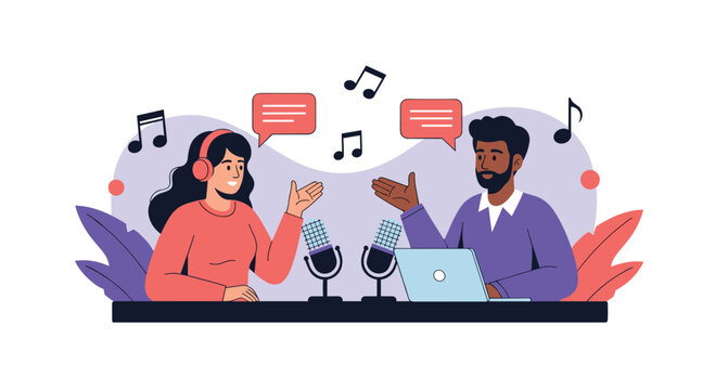 Two diverse podcasters are recording a show with microphones and a laptop, creating engaging audio content for their listeners.