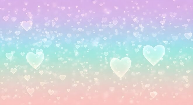 Soft pastel rainbow gradient background with glittering hearts and sparkles