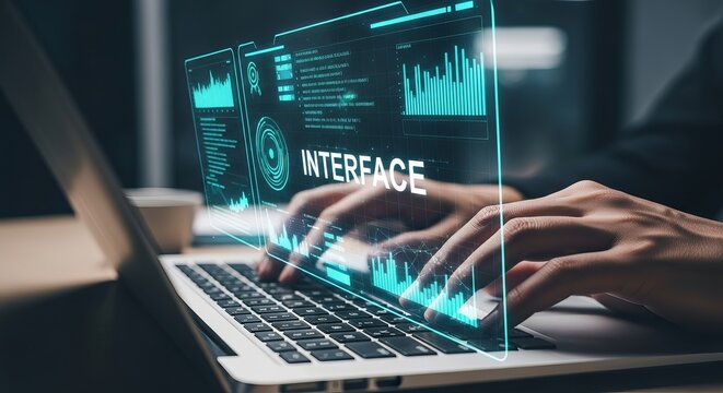 Hands typing on laptop with futuristic digital interface and data visualization