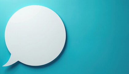 Naklejka premium Blank white speech bubble on bright cyan backdrop, ready for text. Empty chat balloon element signifies communication ideas, questions or messages.