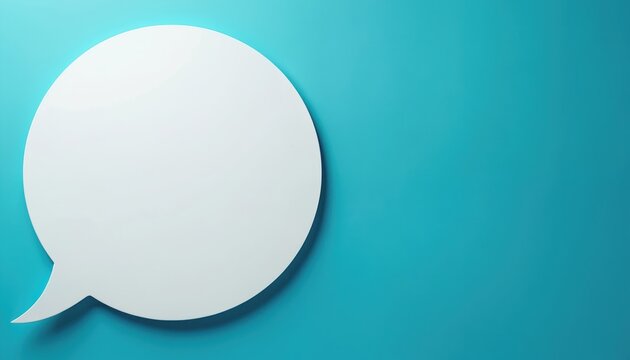 Blank white speech bubble on bright cyan backdrop, ready for text. Empty chat balloon element signifies communication ideas, questions or messages.