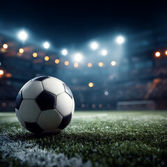 Fototapeta premium Close-up of a soccer ball on the center of the field under stadium floodlights, ready for kickoff.