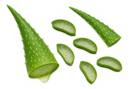Fresh aloe vera leaves with cut slices showcasing gel extract dropping, isolated on a transparent background