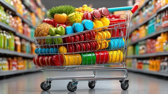 Shopping Cart Overloaded: A vibrant shopping cart brimming with an array of fresh, colorful groceries, set against the backdrop of a well-stocked supermarket aisle.