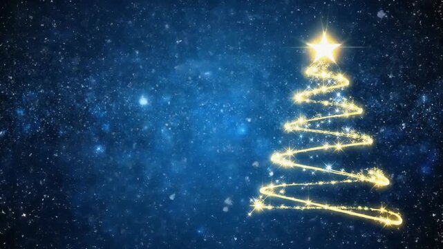 Christmas tree light draw from top to bottom on sparkling snow blue background , copy space on the left