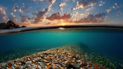 Ocean's Divided View: Witness the split view showcasing the meeting of sky and sea. Experience the dual beauty of the atmosphere and ocean. This scene of tranquility offers a serene escape. 