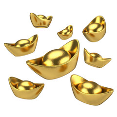 Golden ingots scattered against black isolated on a transparent background