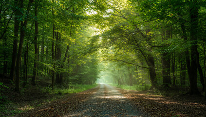 Fototapeta premium Sunlit Forest Pathway Invites Exploration and Reflection