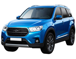 Blue SUV with Wheels Turned Slightly, Angled Front View, Isolated on Transparent Background