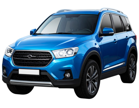 Blue SUV with Wheels Turned Slightly, Angled Front View, Isolated on Transparent Background