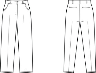 Technical flat sketch of trousers, front and back view, vector fashion illustration, straight leg, waistband, belt loops, fly front, welt pockets, seams