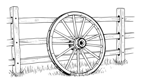 old wagon wheel leaning on a wooden fence