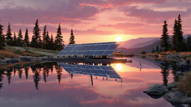 Eco-Friendly Lake Solar Panels: Captivating shot of a solar panel array seamlessly integrated into the natural landscape, nestled on the tranquil waters of a lake as the sun sets.