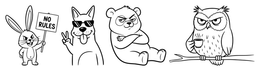 funny animals with attitude cartoon characters set vector