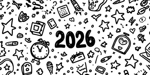 Happy new year 2026. Black doodle lettering on white background.