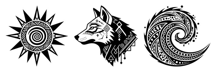 tribal sun wolf and wave symbols vector set © Aisha Kudorova