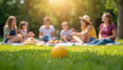 People have summer picnic party at park. Friends sit on blanket play games and eat snack outdoor. Holiday relax together. Weekend leisure joyful reunion. Family spend time together at nature.