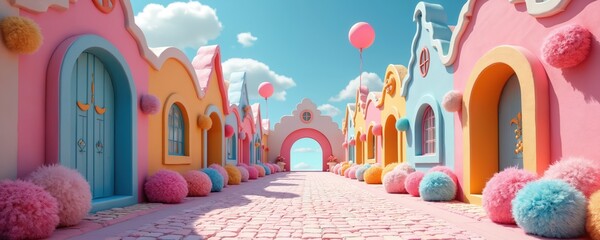 Naklejka premium A brightly colored fantasy town street with whimsical buildings. Pink, yellow, and blue houses line a cobblestone path. Fluffy pom poms and balloons add a playful touch to this storybook setting.