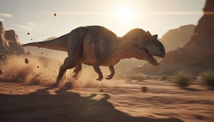Carnotaurus charging through dusty prehistoric terrain