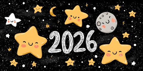 Happy New Year 2026 banner and cute stars, New Year greeting card for kids.