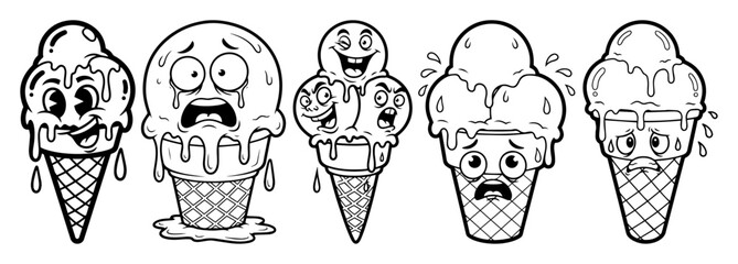 funny cartoon ice cream cone characters with emotions set